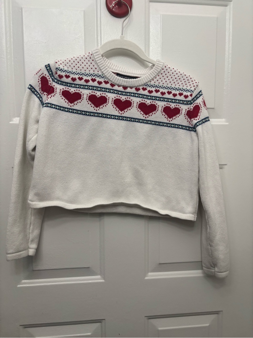 Brandy Melville White Knit Sweater with Red Hearts and Blue Stripes